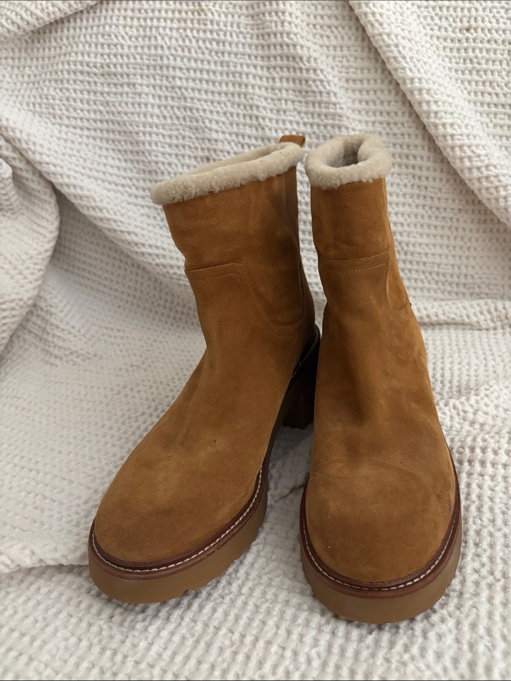 Vince Chestnut/Tan Suede Shearling-Trim Heeled Ankle Boots